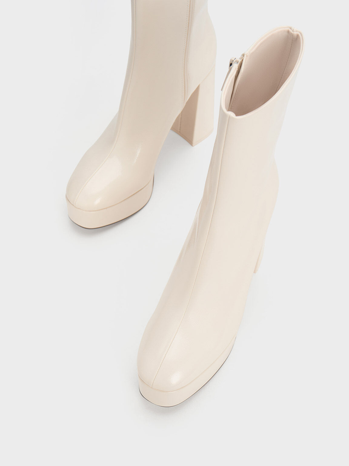Patent Platform Side-Zip Ankle Boots - Beige
