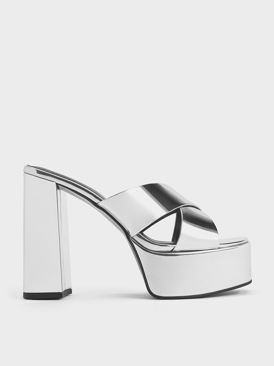 Metallic Crossover Strap Platform Mules, Silver, hi-res