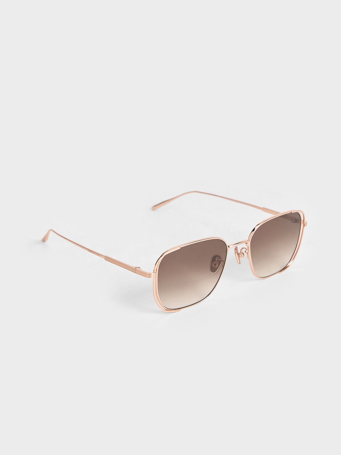 Metallic-Rim Rectangular Sunglasses, Rose Gold, hi-res