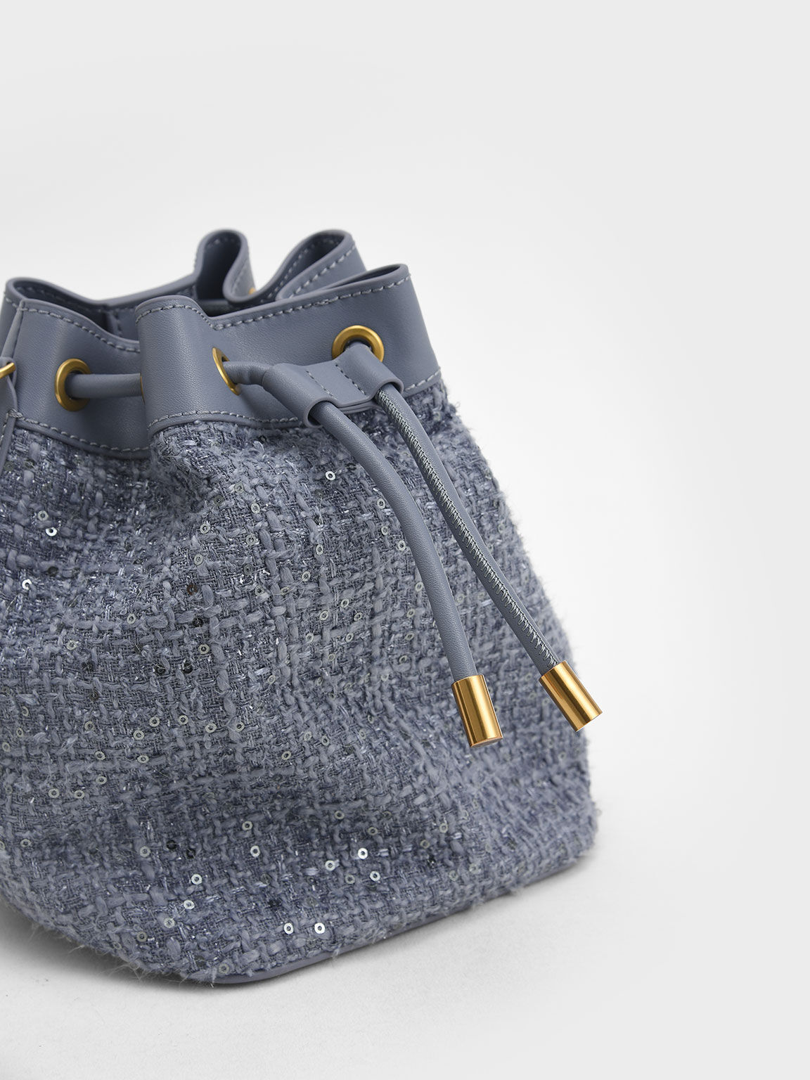 Woven Handle Tweed Bucket Bag - Denim Blue