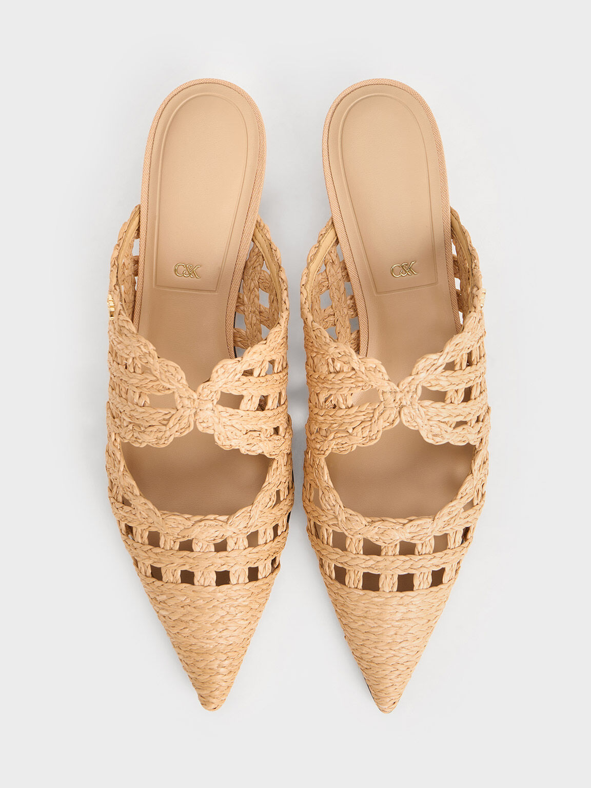 Raffia Kitten-Heel Pointed-Toe Mules, Sand, hi-res