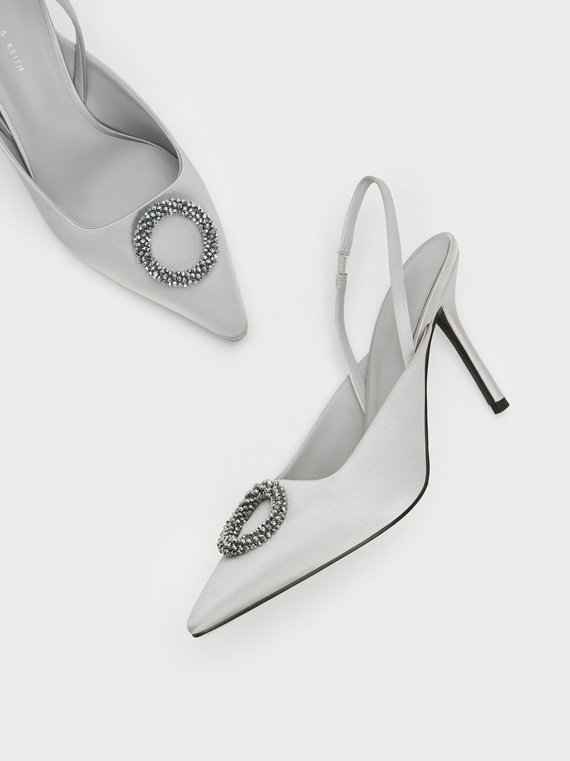 Silver Metallic Cap Pointed-Toe Slingback Pumps - CHARLES & KEITH US