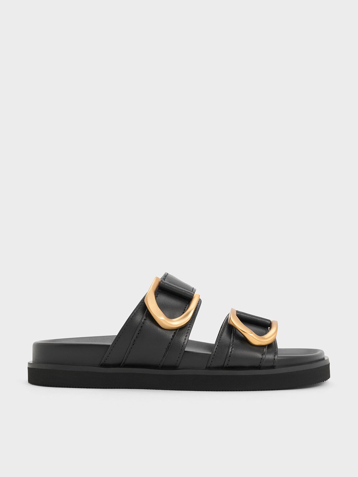 Black Selene Flower-Buckle Strappy Sandals - CHARLES & KEITH AU