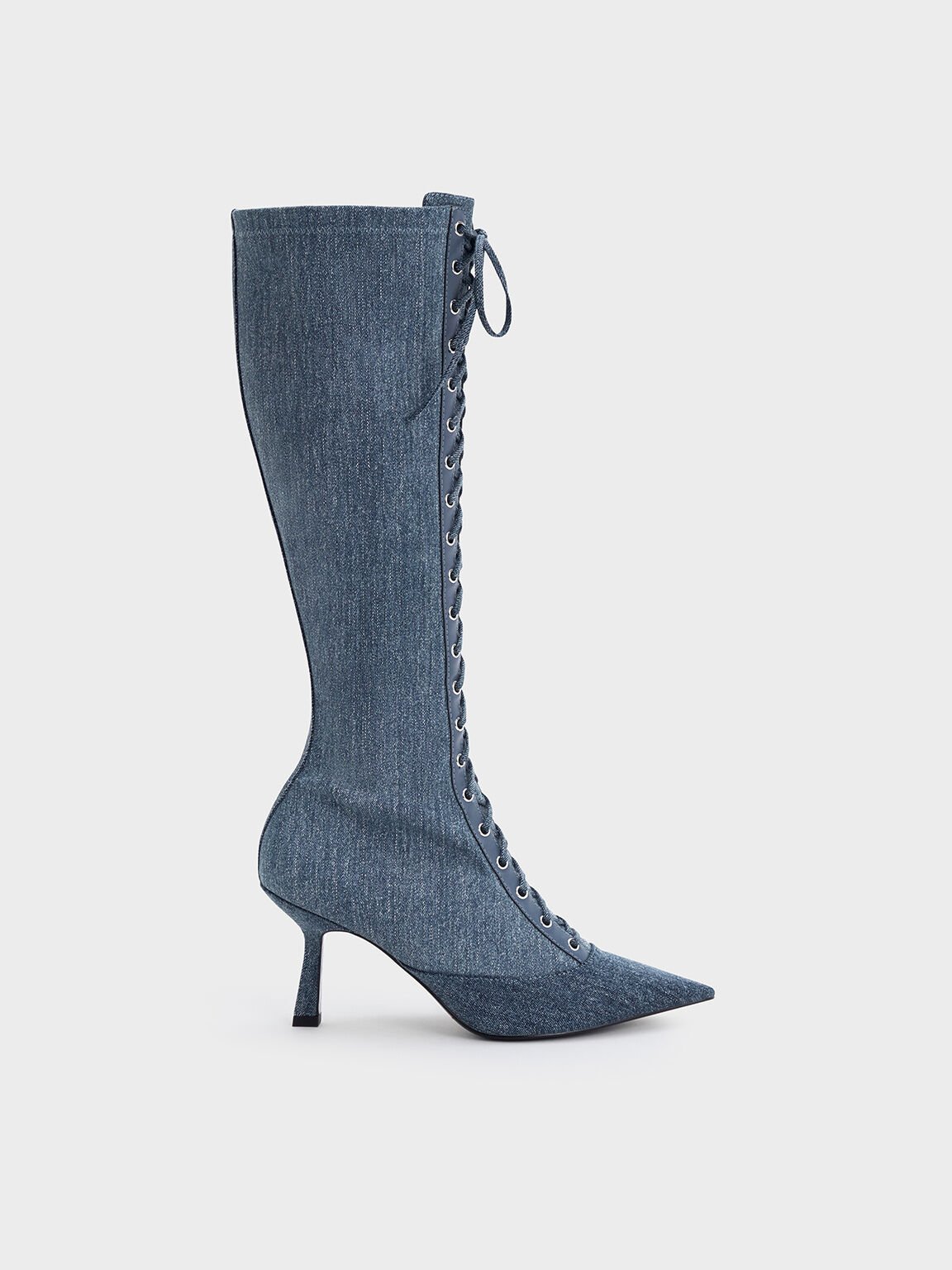 Denim Lace-Up Pointed-Toe Knee-High Boots, Denim Blue, hi-res