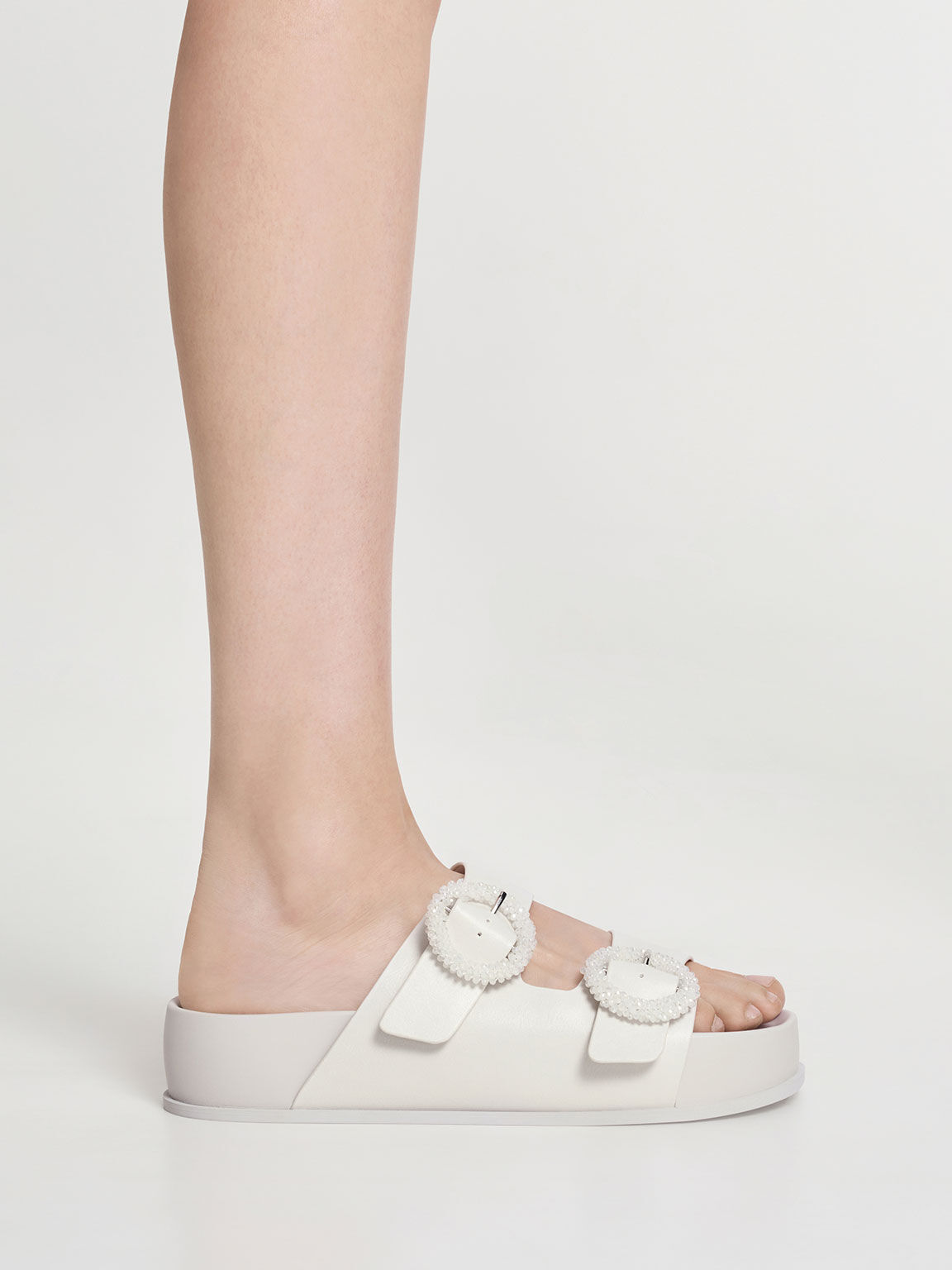 Beaded Circle Slide Sandals, White, hi-res