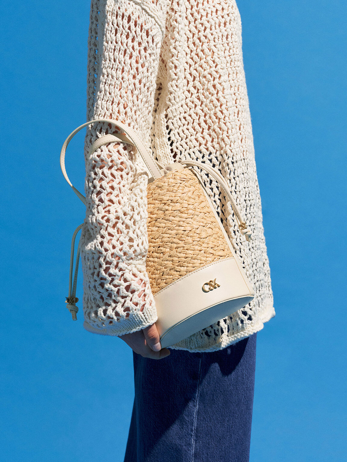 Leather & Raffia Bucket Bag, Beige, hi-res