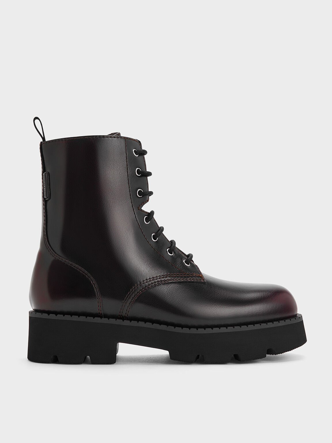 Ridged-Sole Lace-Up Combat Boots, Burgundy, hi-res