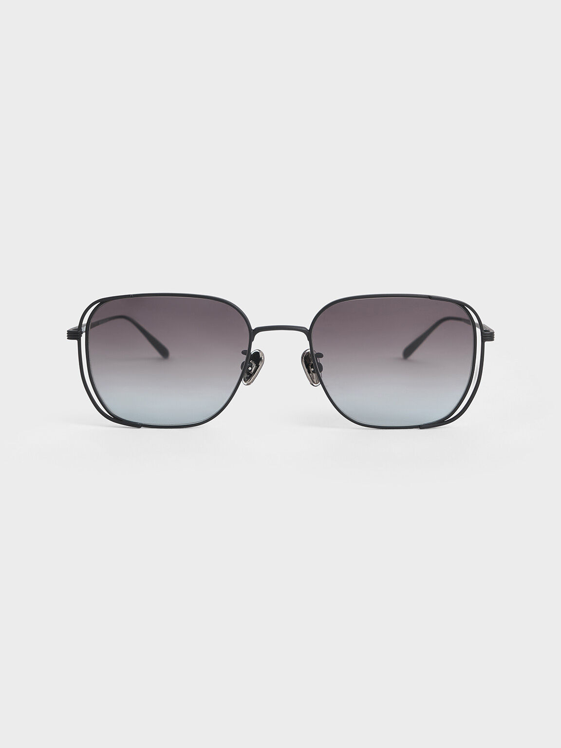 Metallic-Rim Rectangular Sunglasses, Noir, hi-res