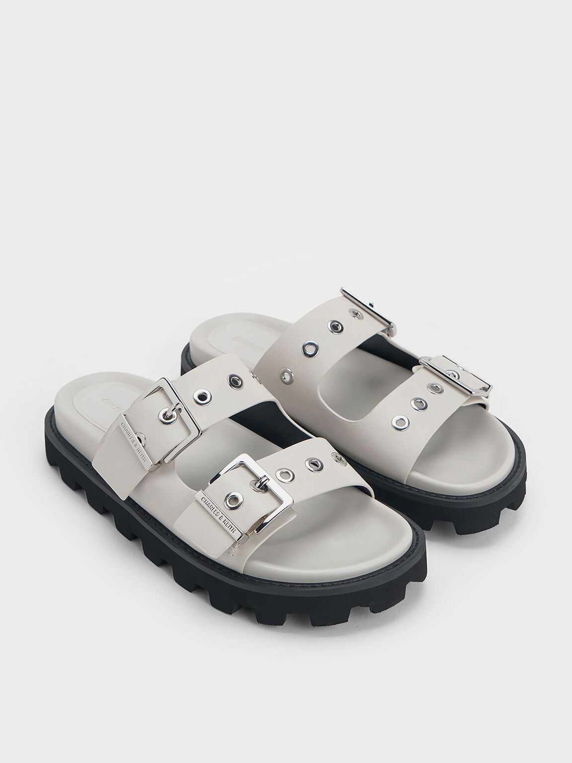 White Trill Grommet Double-Strap Sandals - CHARLES & KEITH SG