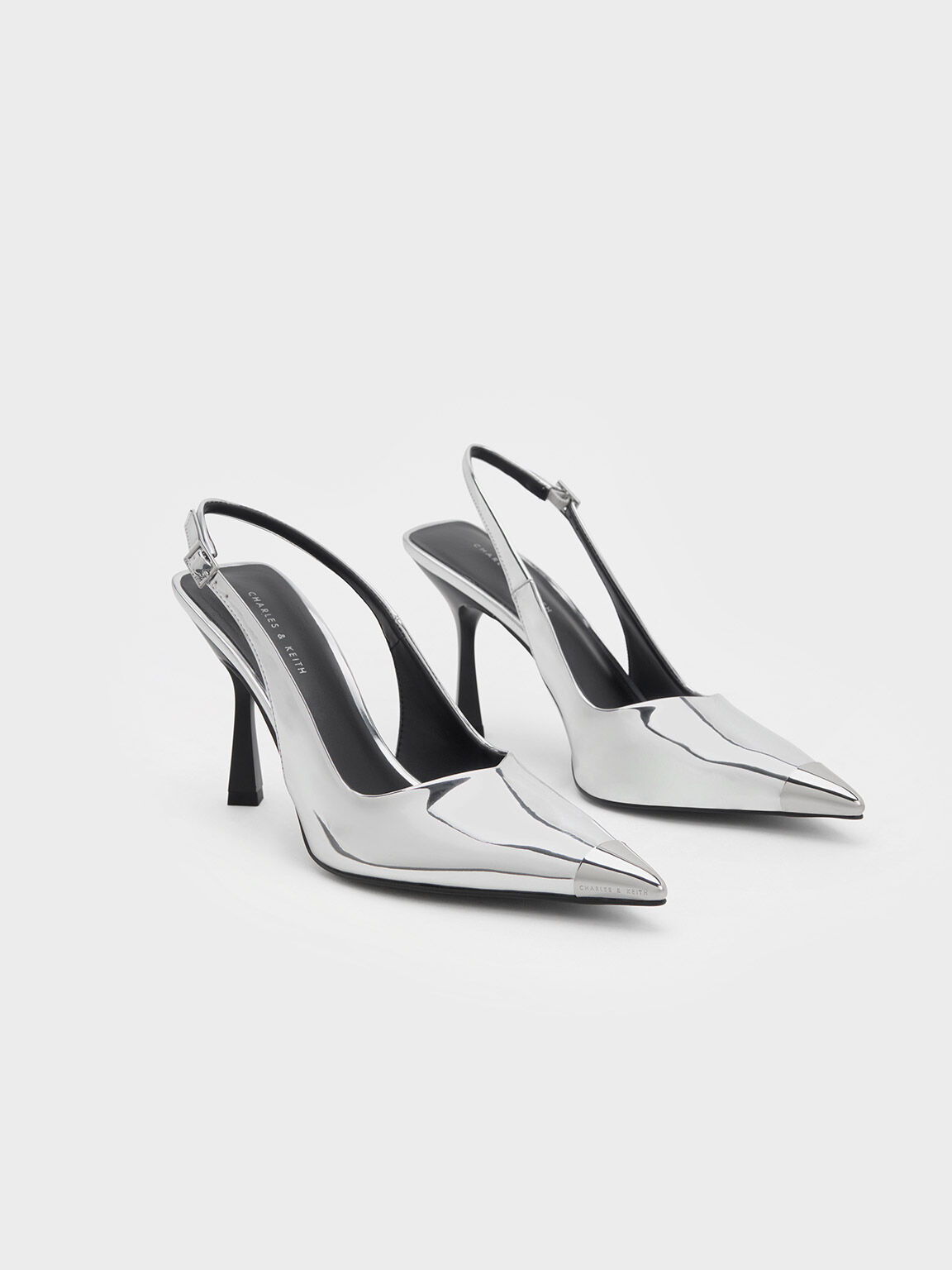 Charles & Keith - Women's Metallic Accent Slingback Pumps, White, US 5