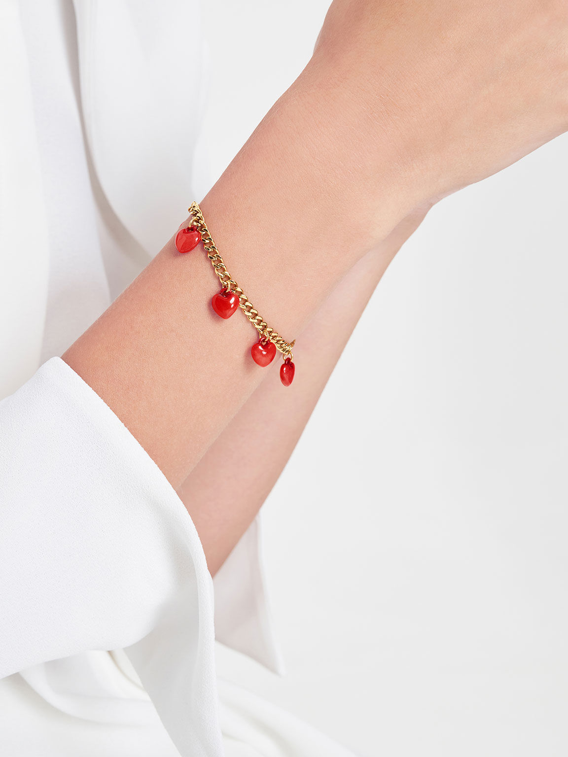 Heart Motif Chain-Link Bracelet, Red, hi-res