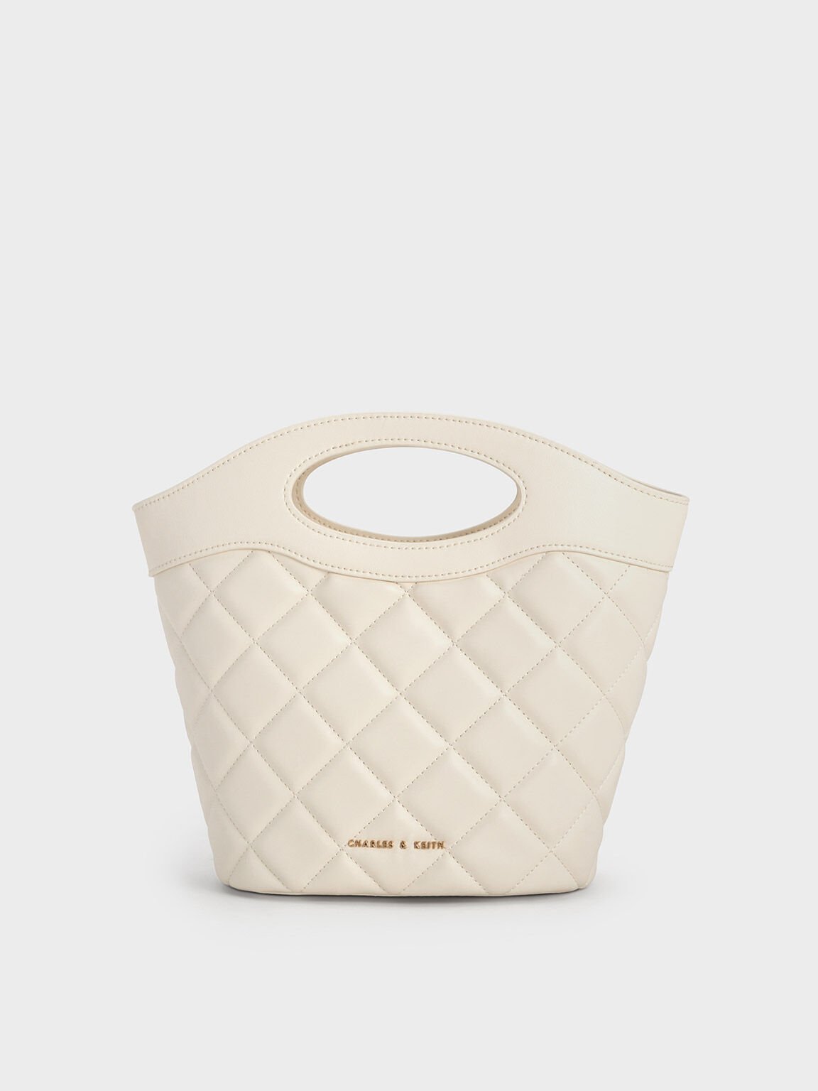 Quilted Chain-Link Curved-Handle Bucket Bag - Cream