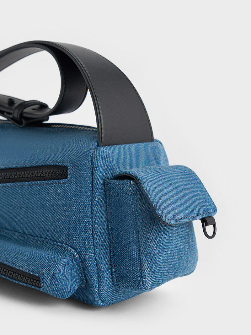 Mathilda Denim Multi-Pocket Shoulder Bag - Denim Blue
