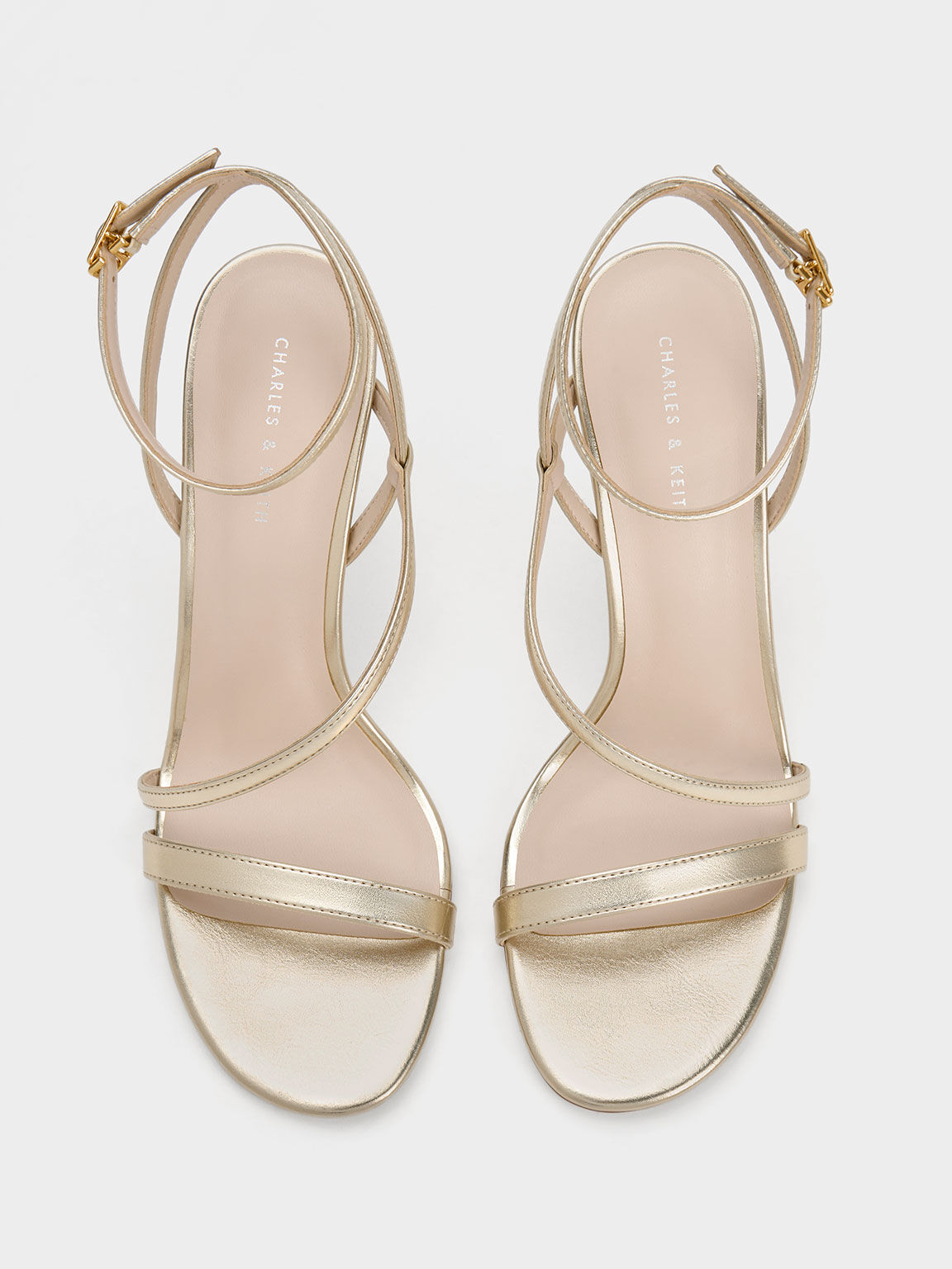 Metallic Asymmetric Strappy Heeled Sandals, Gold, hi-res