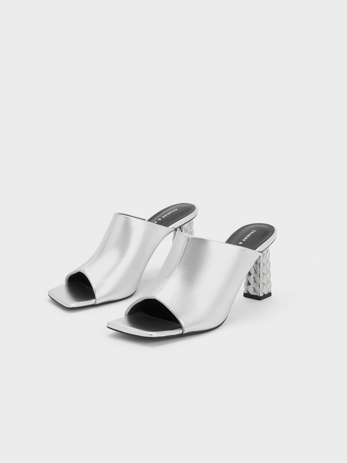 Open Toe Quilted Heel Mules - Silver