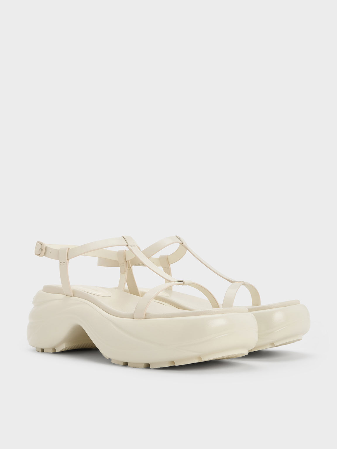 T-Bar Curved Platform Sports Sandals, Cream, hi-res