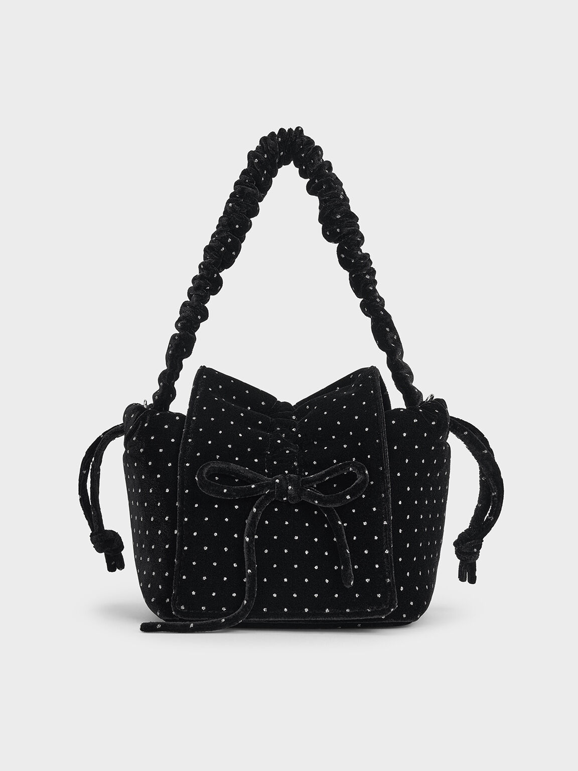 Bolso de lunares en terciopelo con asa superior arrugada y lazo, Negro texturizado, hi-res