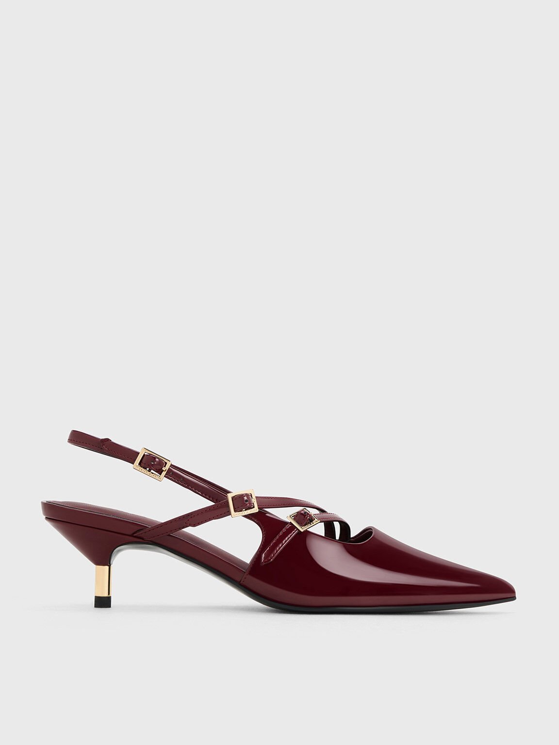 Patent Buckle-Strap Kitten Heel Slingback Pumps, Maroon, hi-res