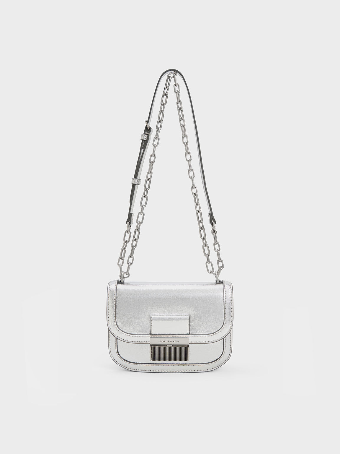 Charlot Metallic Chain Strap Bag, Silver, hi-res