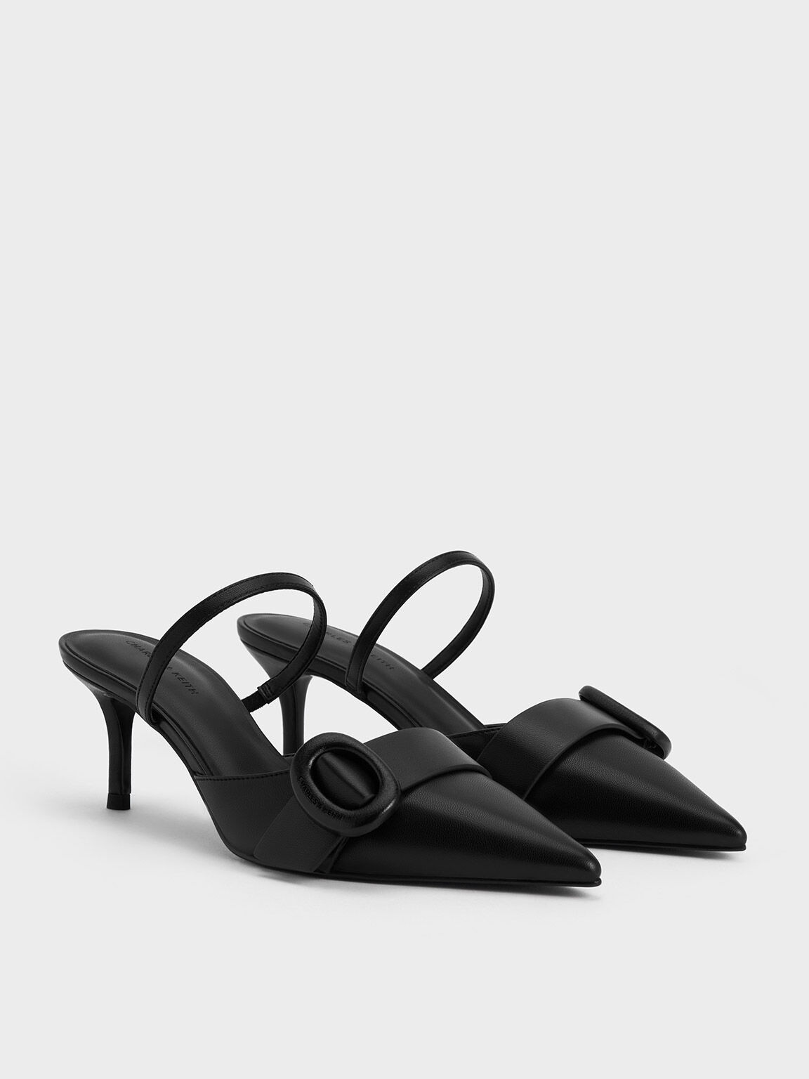 Black Oval-Buckle Pointed-Toe Mules - CHARLES & KEITH US