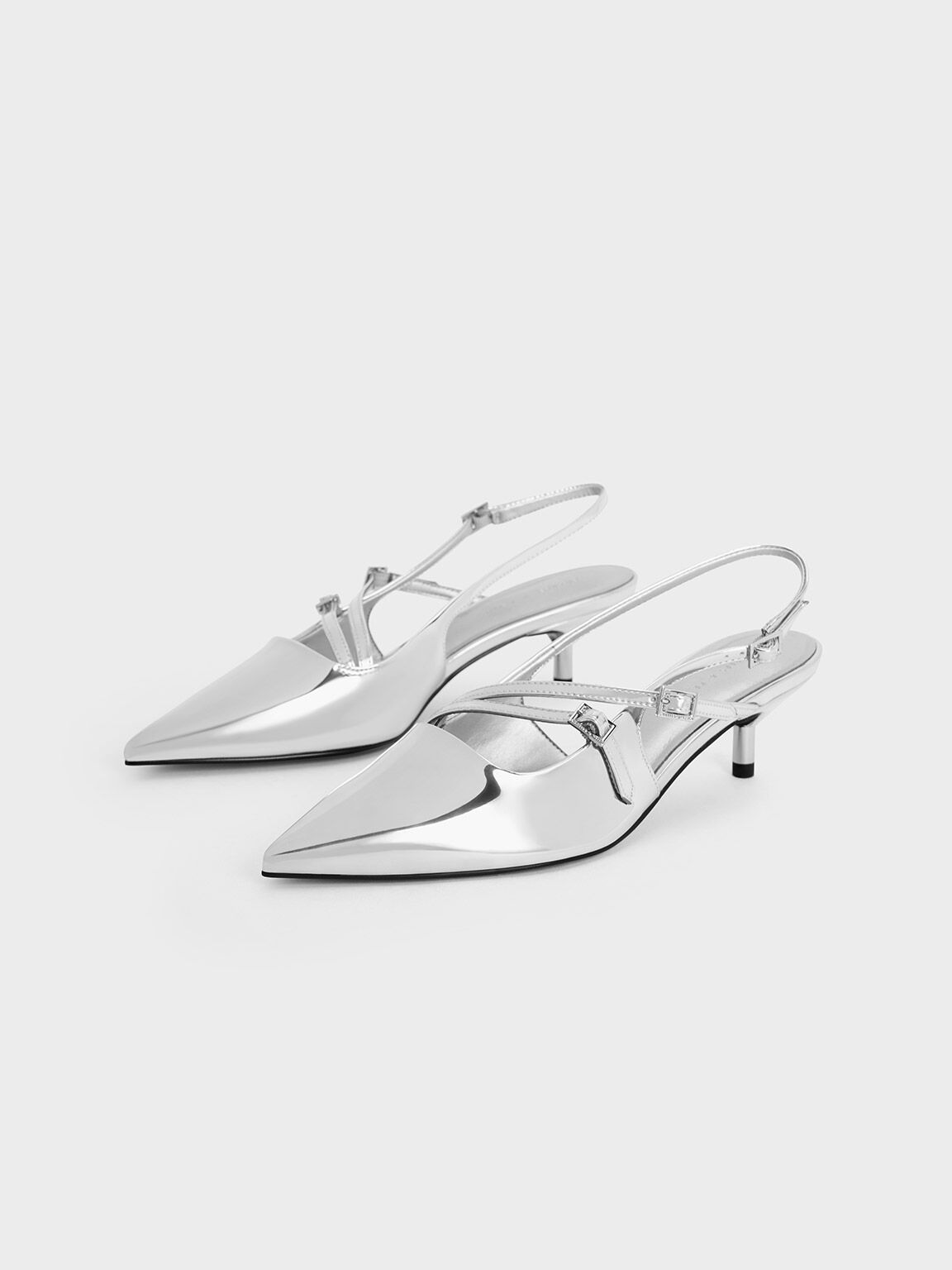 Metallic Buckle-Strap Kitten Heel Slingback Pumps, Silver, hi-res