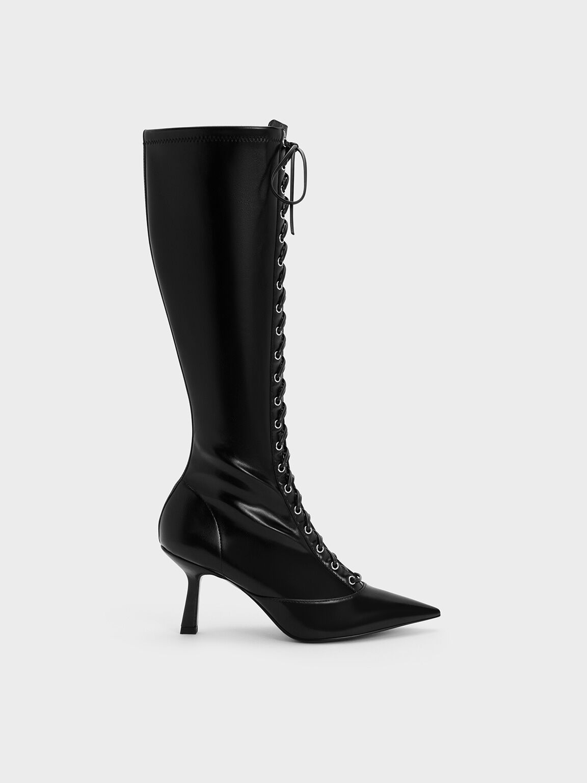 Lace-Up Pointed-Toe Knee-High Boots, Black, hi-res