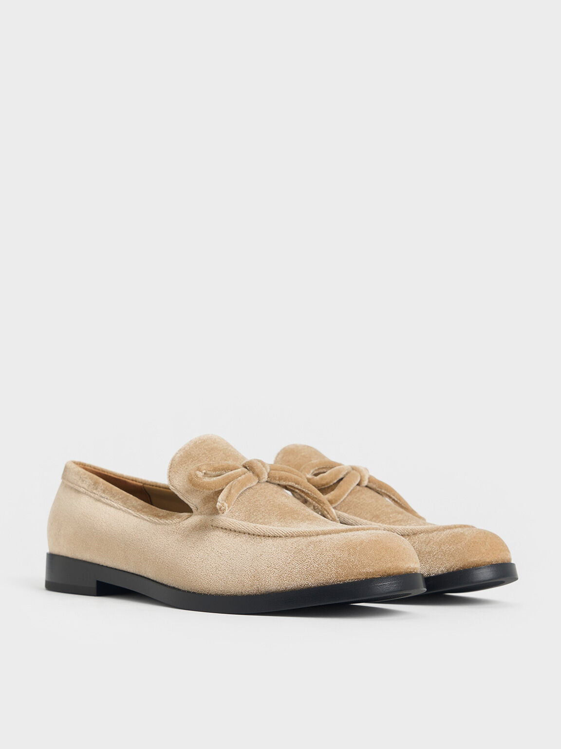 Velvet Bow Loafers, Beige, hi-res