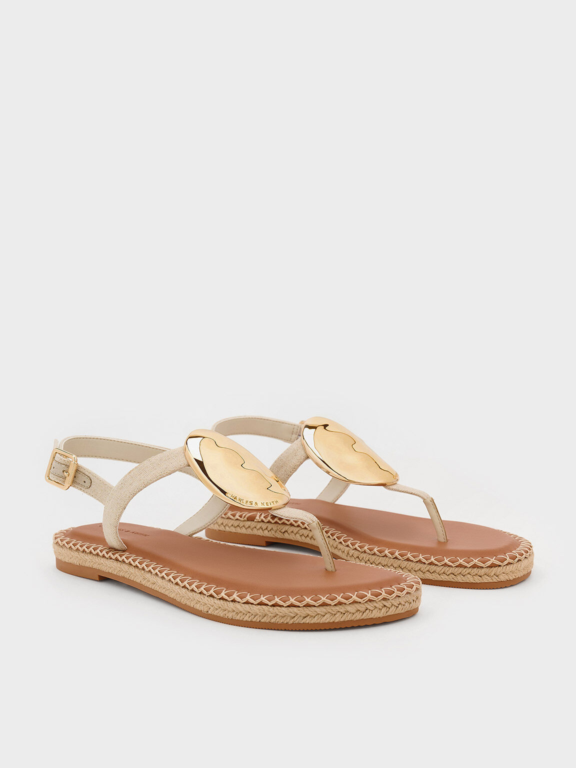 Sandalias alpargatas ovaladas de lino metalizado, Beige, hi-res