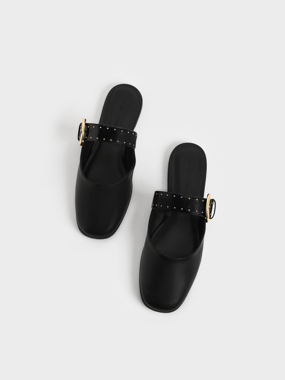 Studded Buckled Flat Mules, Black, hi-res