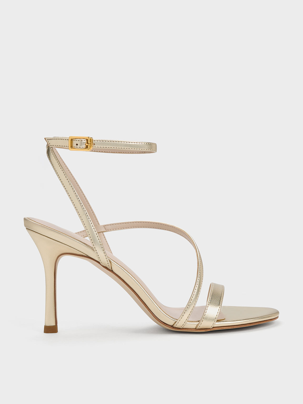 Gold Metallic Asymmetric Strappy Heeled Sandals - CHARLES & KEITH US