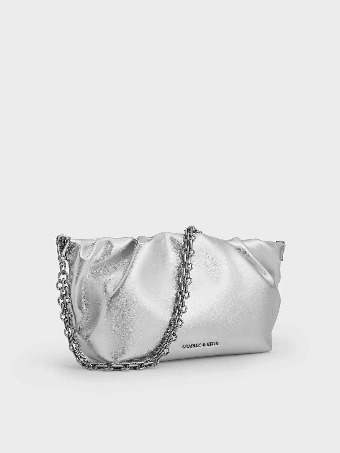 Brigette Metallic Ruched Chain-Handle Clutch, Silver, hi-res