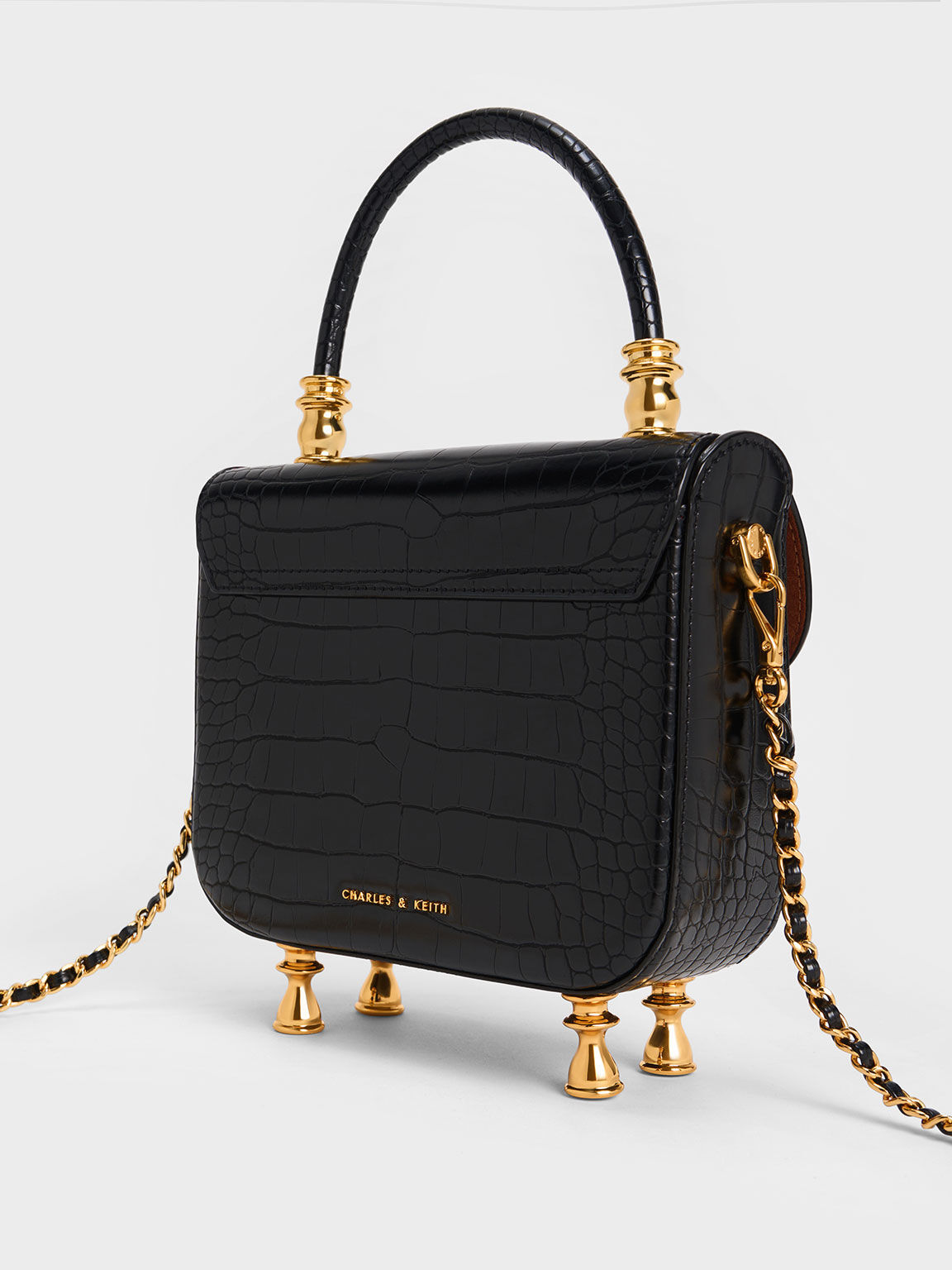 Black Meriah Croc-Embossed Top Handle Bag - CHARLES & KEITH KR