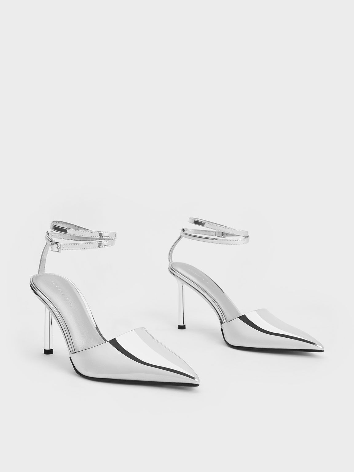 Metallic Patent Pointed-Toe Ankle-Strap Pumps - Silver