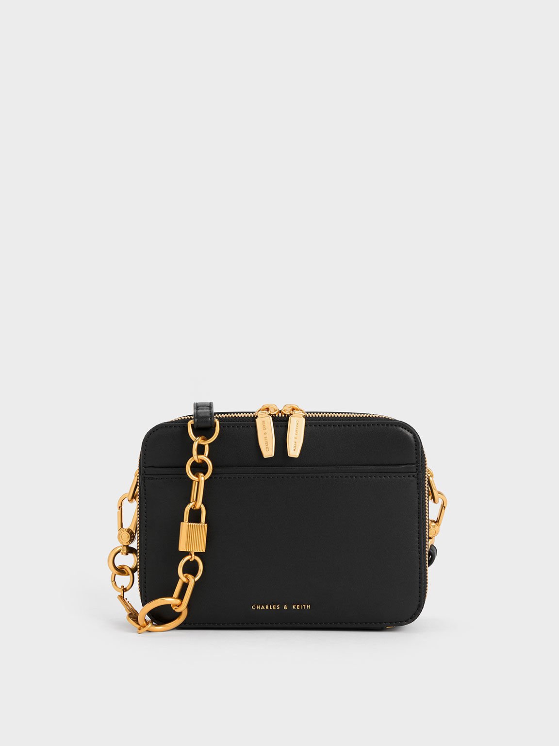 Charles & Keith cross body boxy bag with chain strap in black