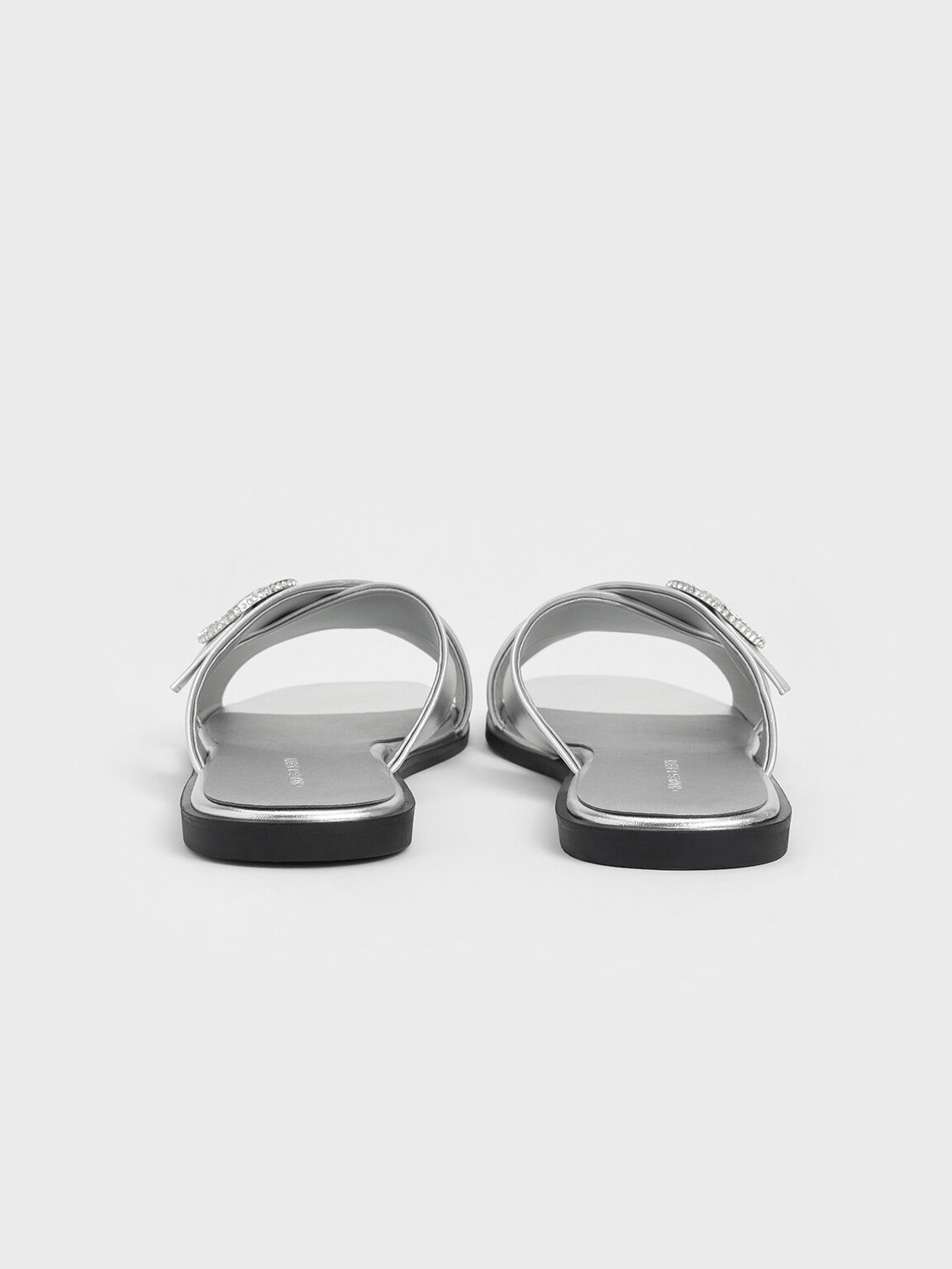 Metallic Crystal-Buckle Crossover-Strap Sandals, Silver, hi-res