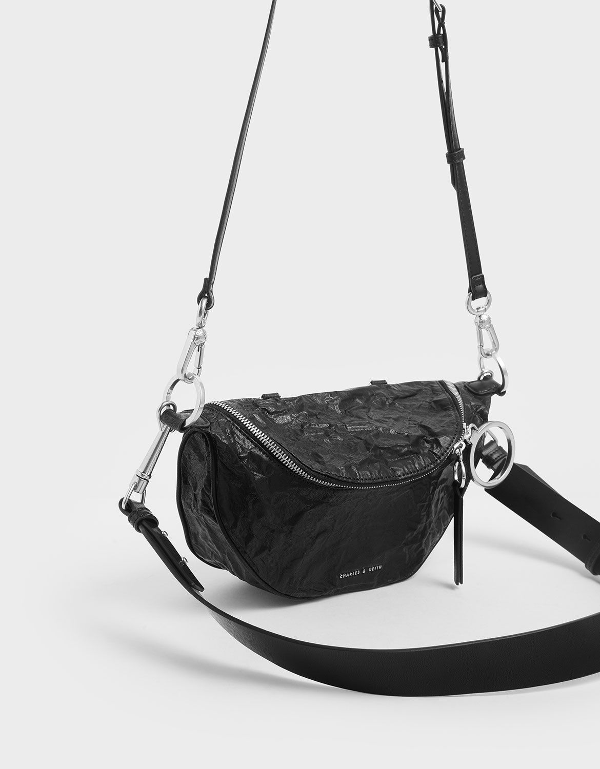 Wrinkled Effect Semi-Circle Crossbody Bag, Black, hi-res