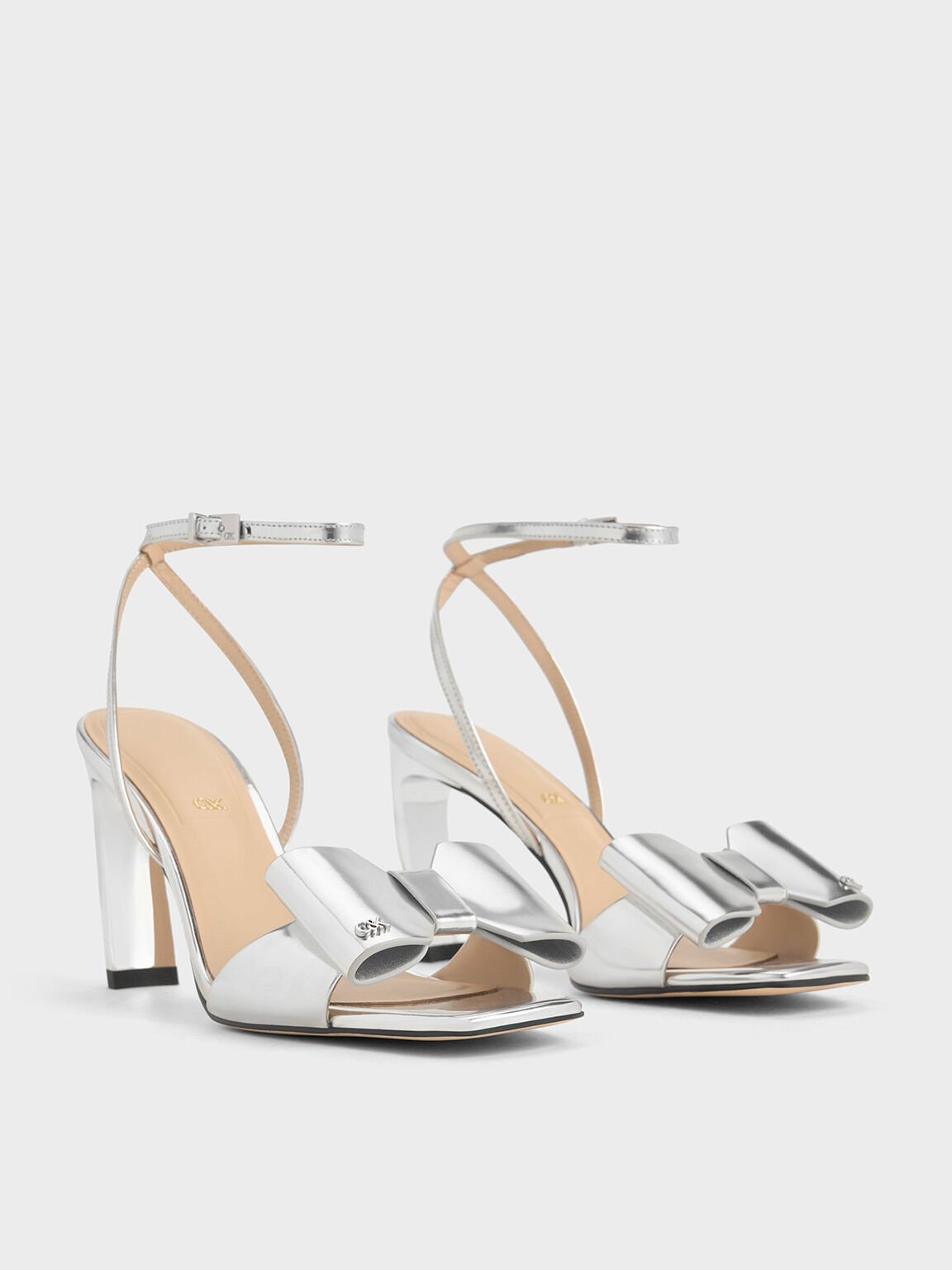 Lu Metallic Leather Bow Blade-Heel Sandals, Silver, hi-res