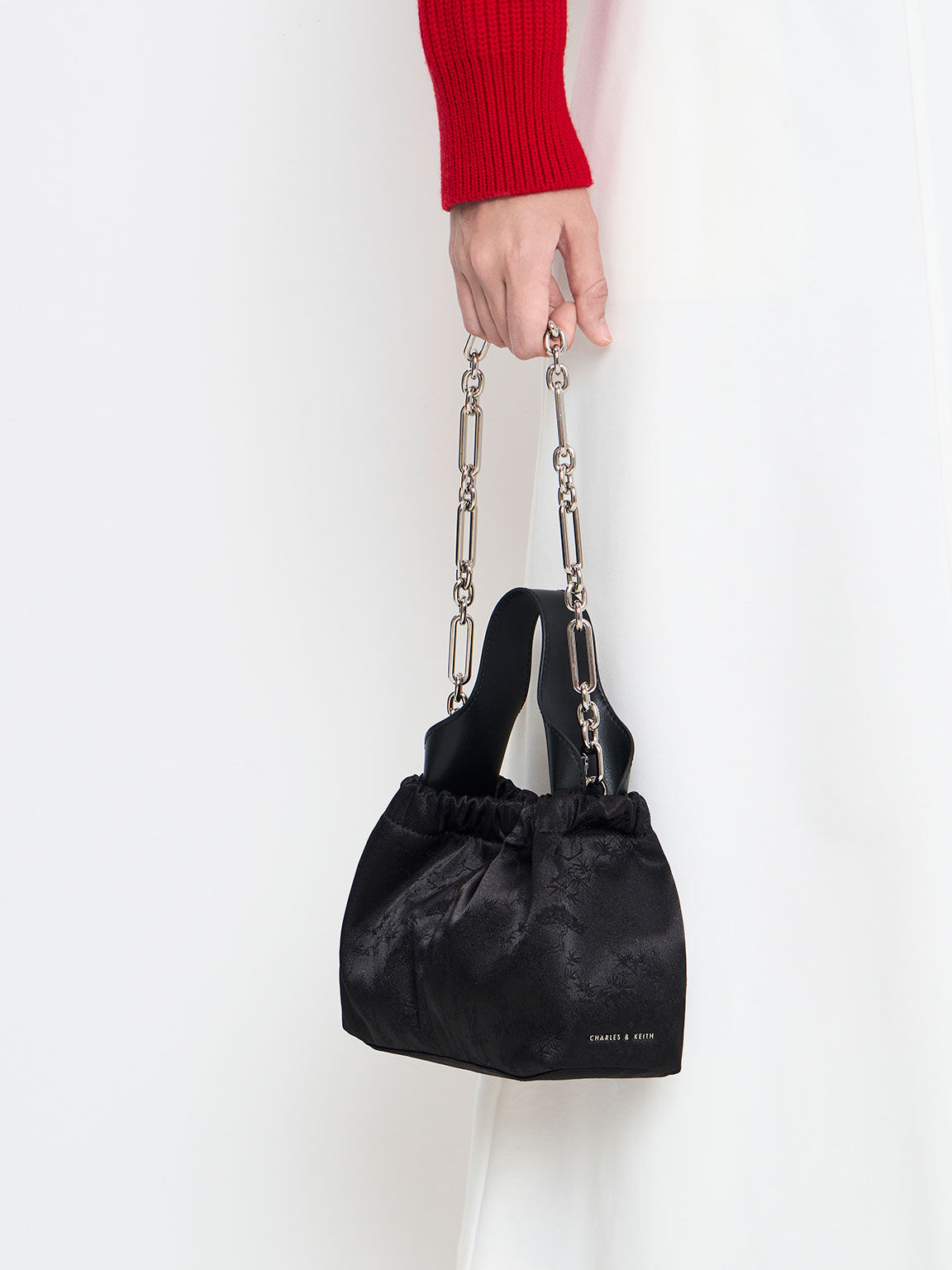 Ally Satin Floral-Print Ruched Bag, Noir, hi-res