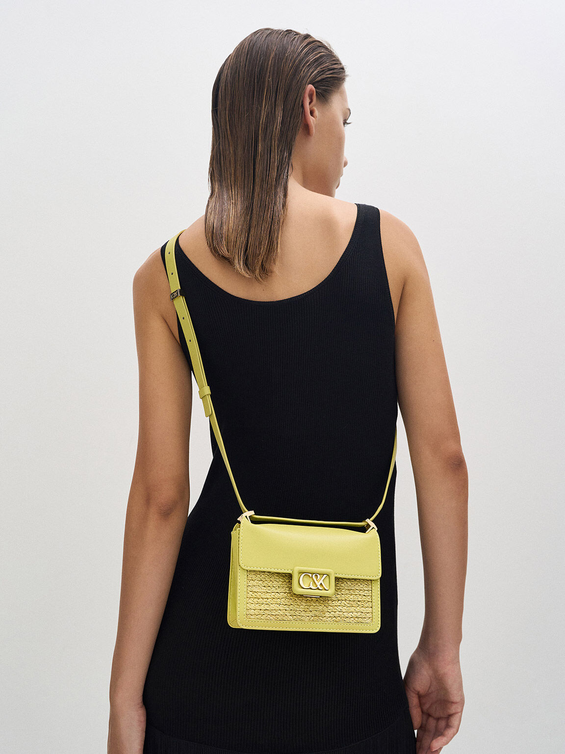 Leather & Raffia Boxy Bag, Lime, hi-res