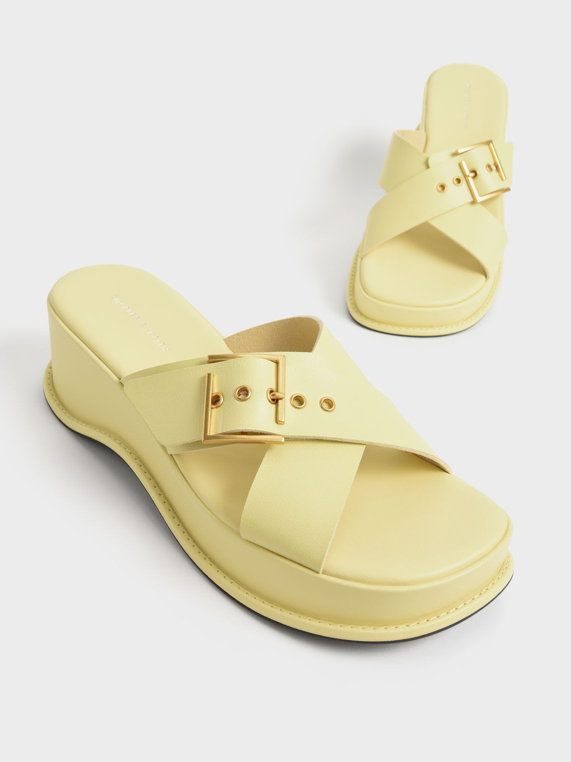 Buckled Crossover Curved Platform Sandals, Yellow, hi-res