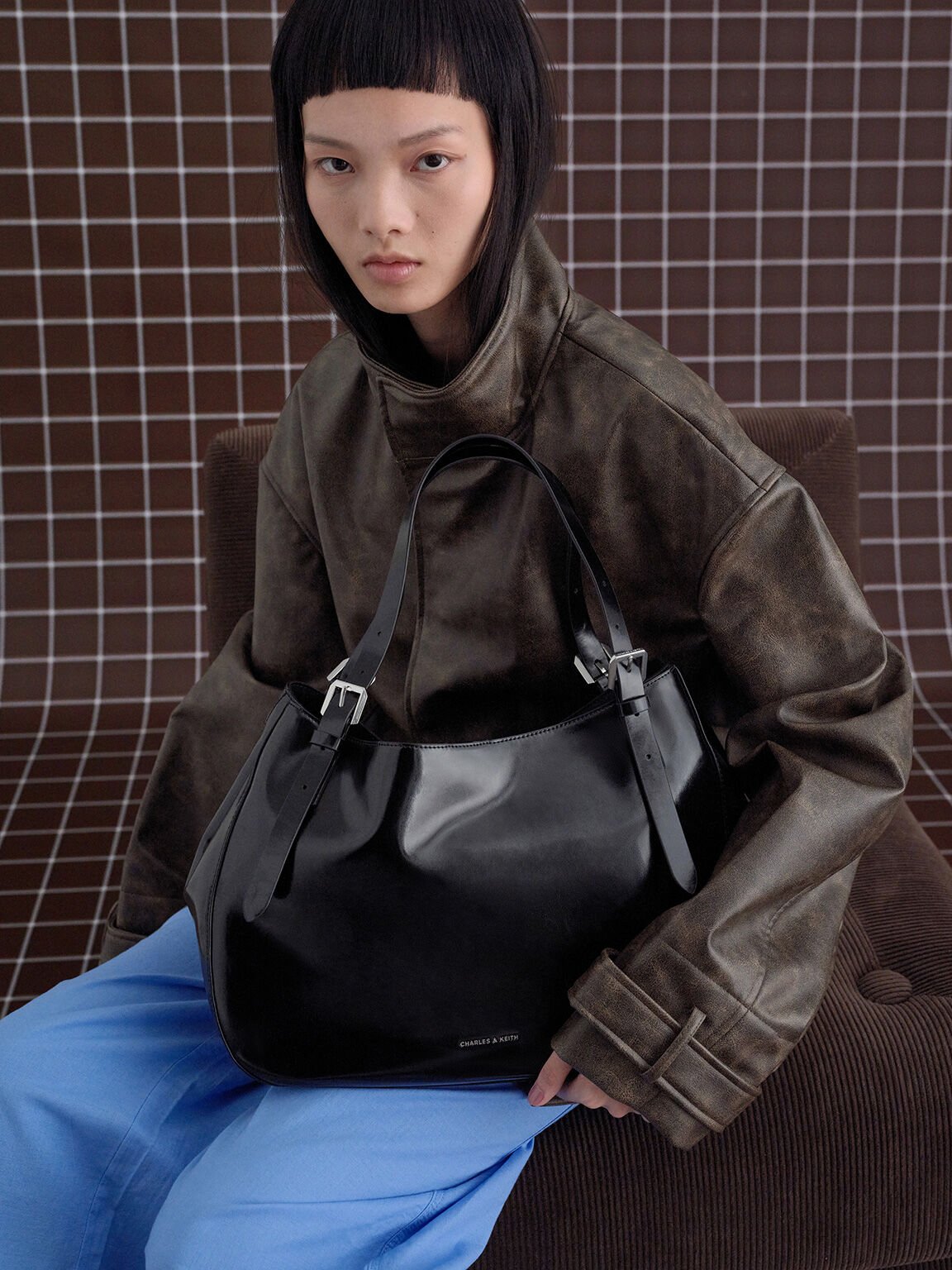 Buckle-Strap Slouchy Tote Bag, Noir, hi-res