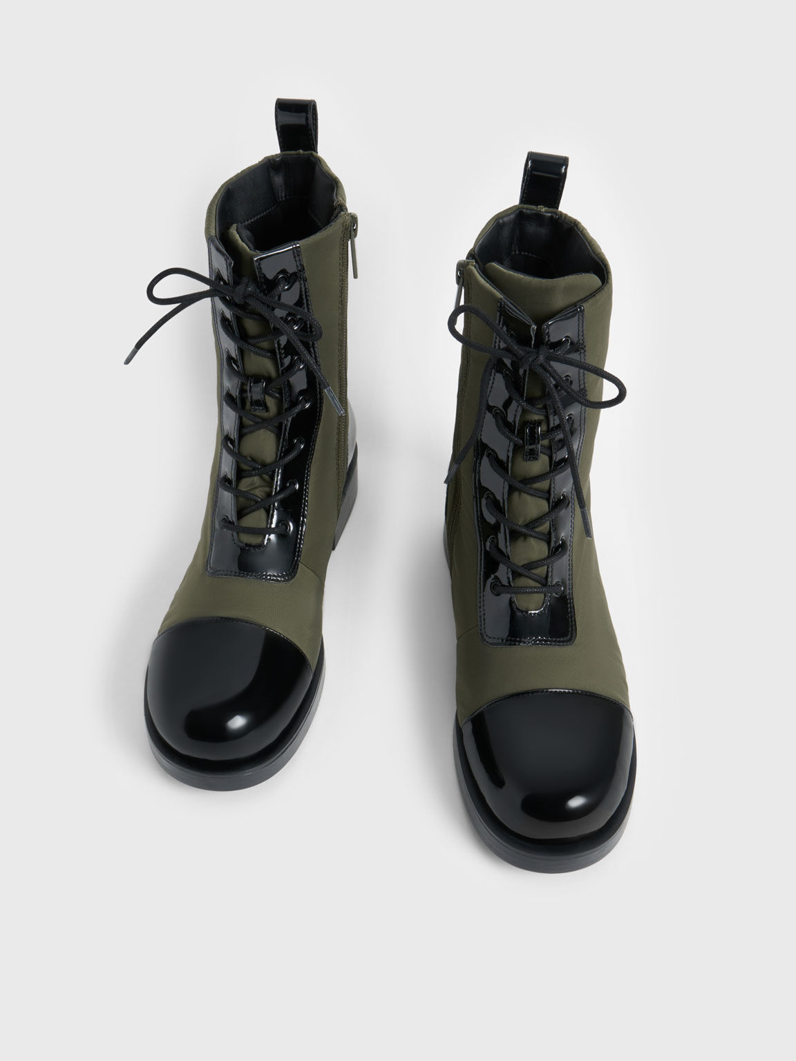 Nylon & Patent Combat Boots, Olive, hi-res