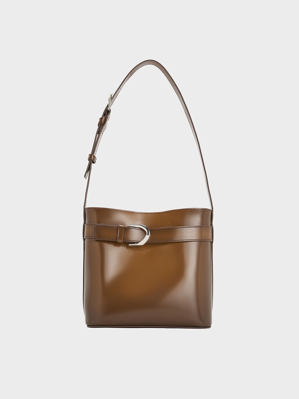 Gabine Leather Belted Bucket Bag, Brown, hi-res