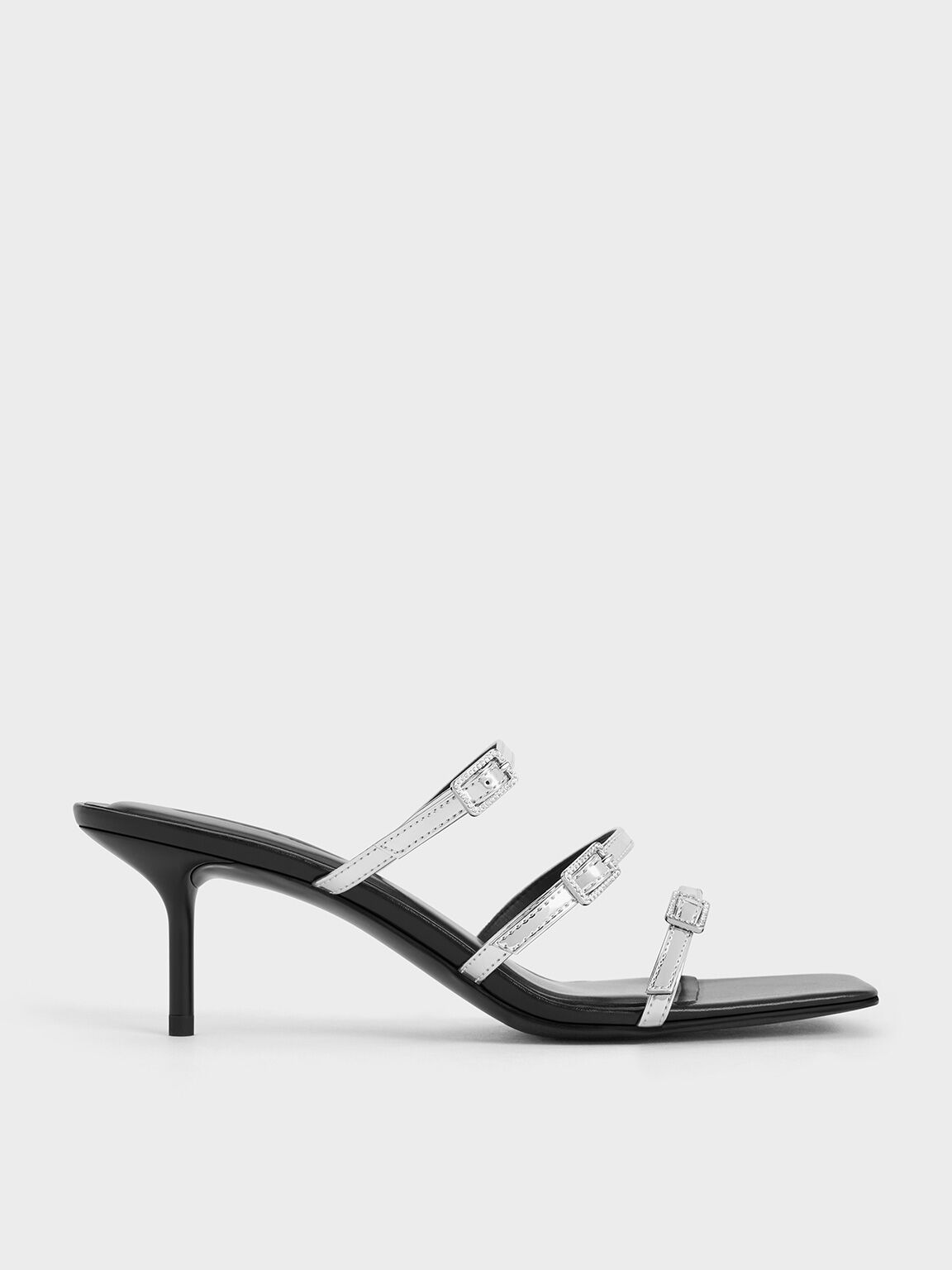 Metallic Crystal-Buckle Heeled Mules, Silver, hi-res