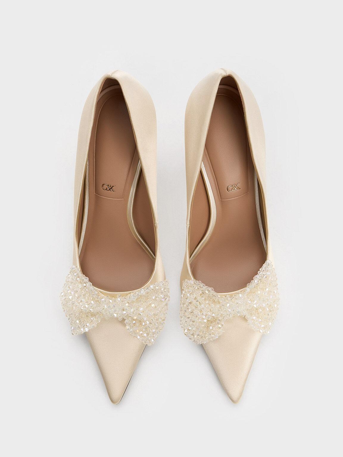 Recycled Polyester Beaded Bow Pumps, Champagne, hi-res