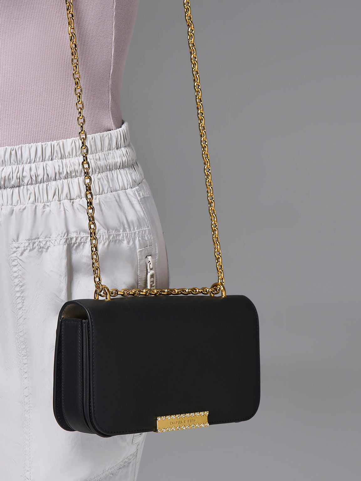 Black Leather-Look Chain Strap Clutch Bag