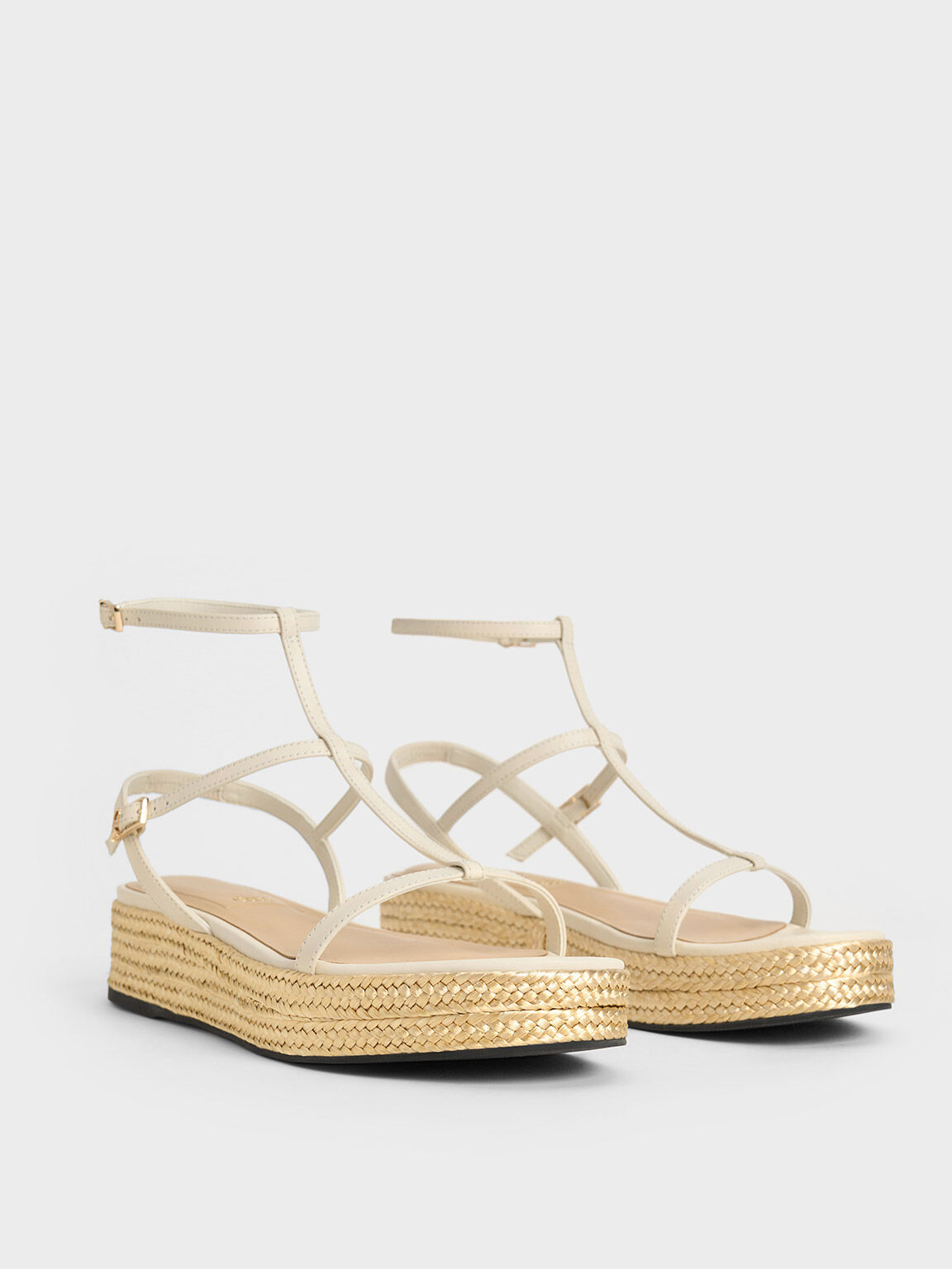 Leather T-Bar Espadrille Sandals, White, hi-res