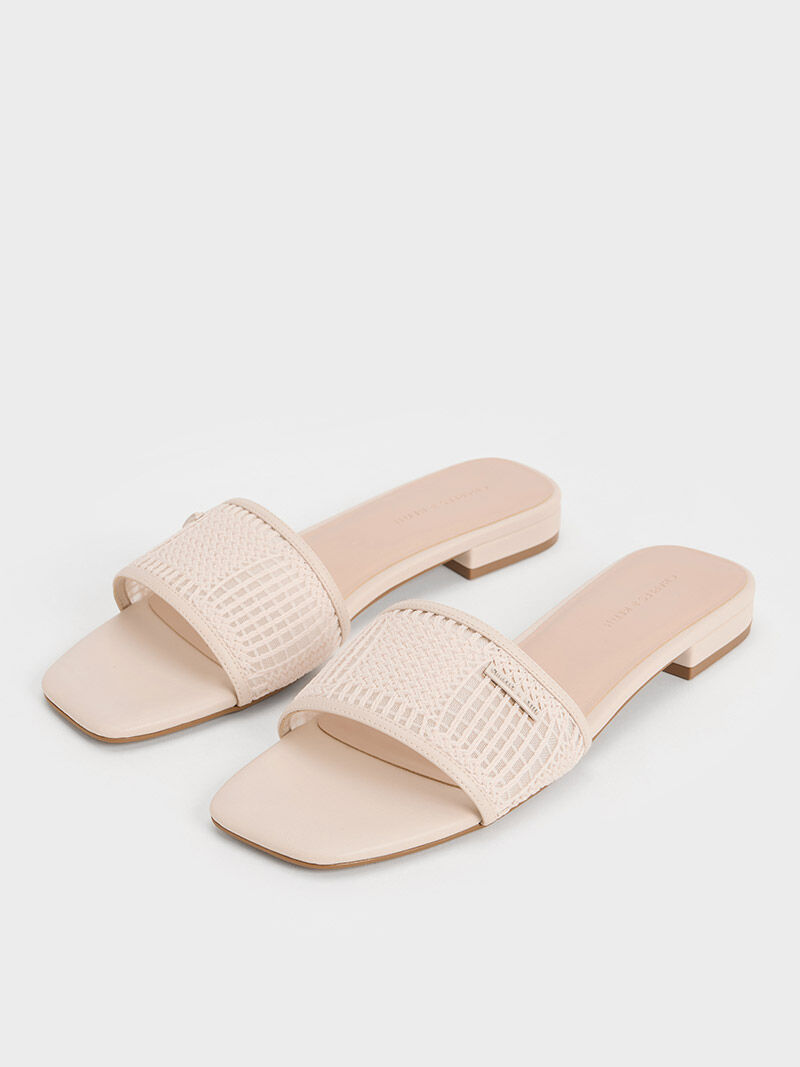 Mesh Knitted Slide Sandals, Cream, hi-res