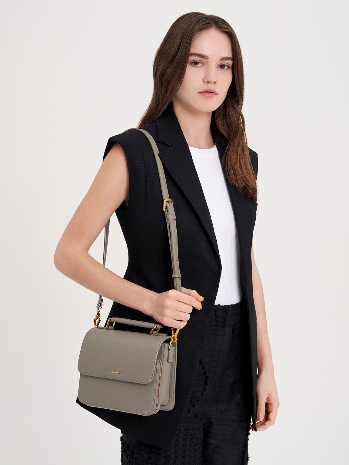 Charles & Keith Front Flap Top Handle Crossbody Bag in Black