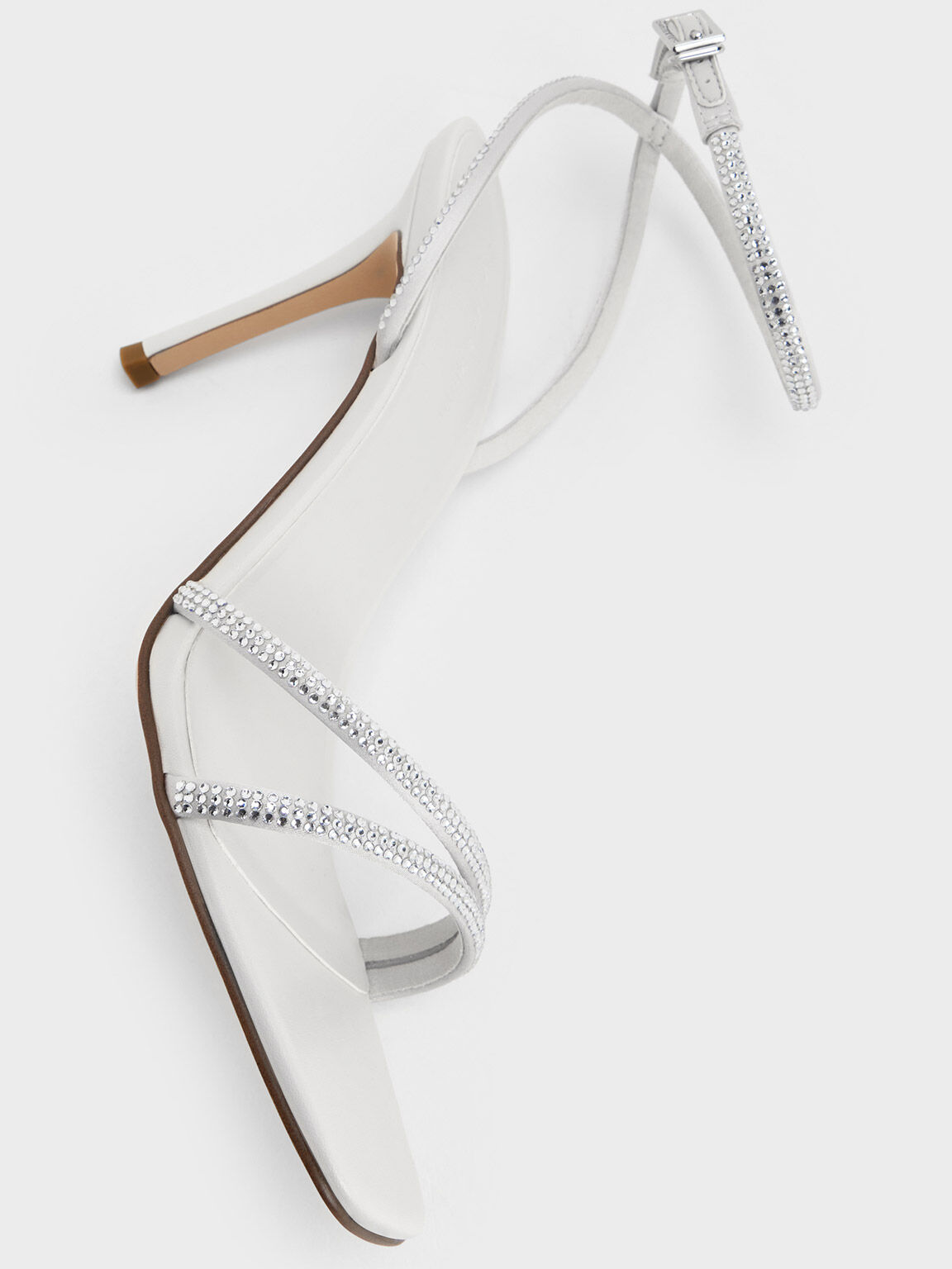 Satin Crystal-Embellished Asymmetric Heeled Sandals, White, hi-res